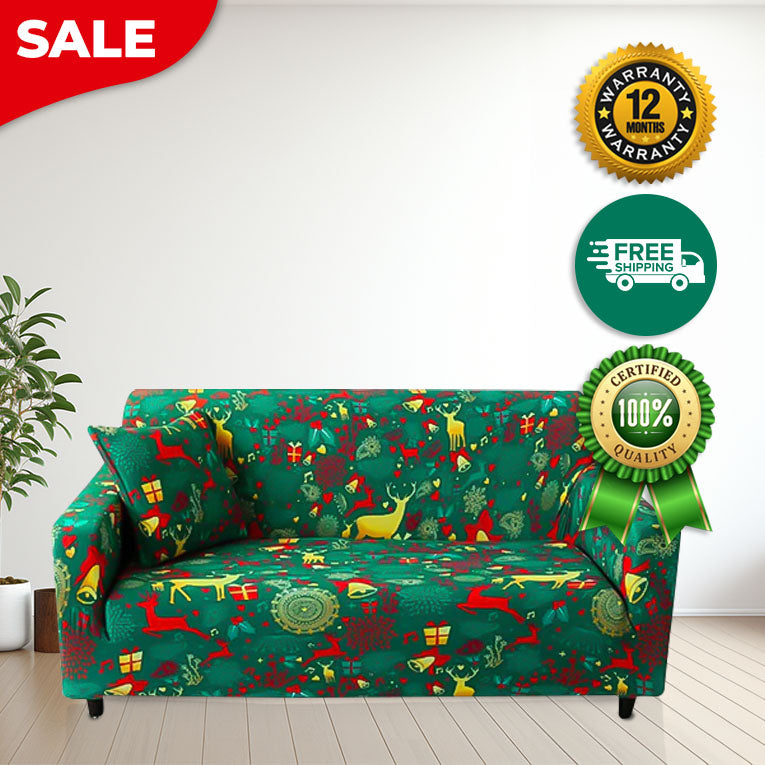 Anyseat Sofa Cover Green Christmas Reindeer Design Stretchable Non Slip Slipcover