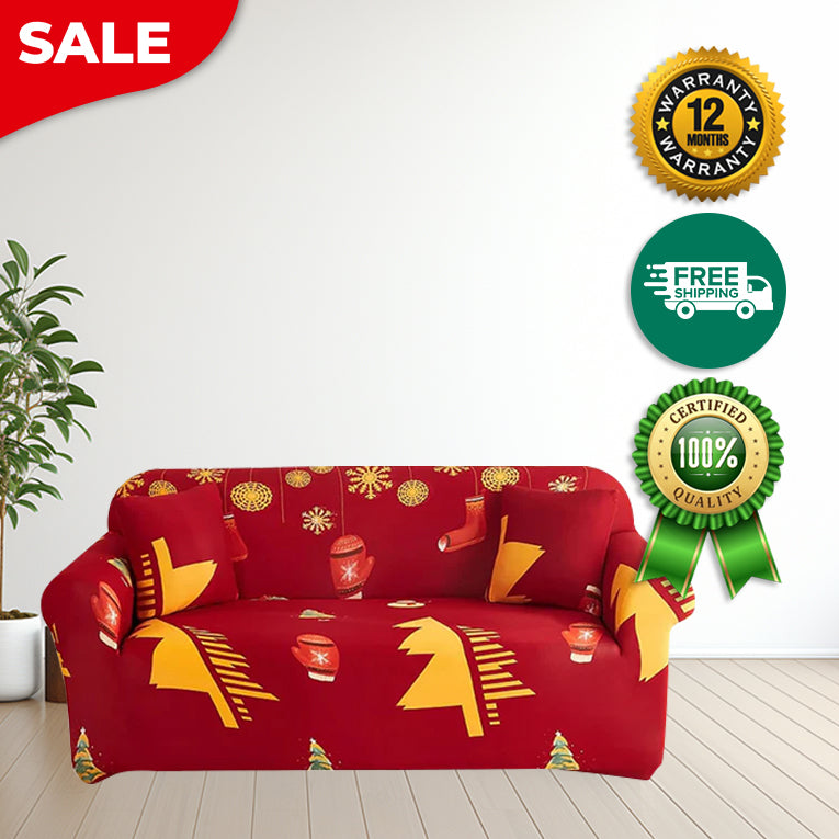 Anyseat Sofa Cover Red Plaid Christmas Tree Bells Design Non Slip Stretchable Slipcover