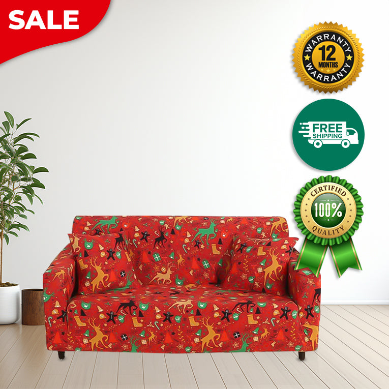 Anyseat Sofa Cover Red Christmas Reindeer Design Stretchable Non Slip Slipcover