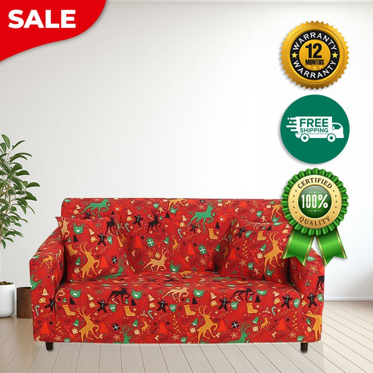 Anyseat Sofa Cover Red Christmas Reindeer Design Stretchable Non Slip Slipcover