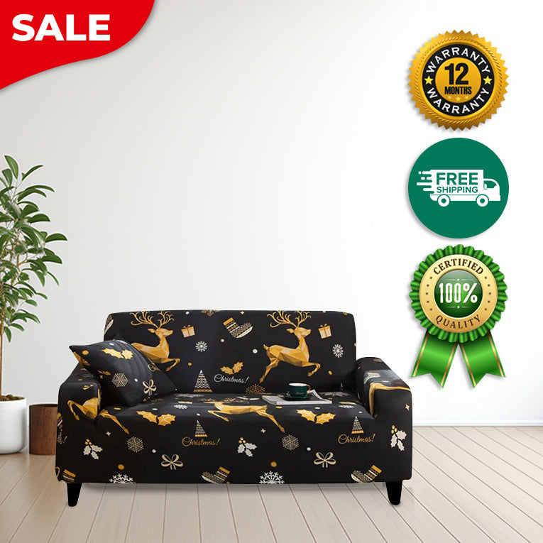 Anyseat Sofa Cover Black Christmas Reindeer Design Non Slip Stretchable Slipcover
