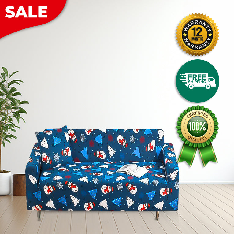 Anyseat Sofa Cover Blue Christmas Tree Snowman Design Non Slip Stretchable Slipcover