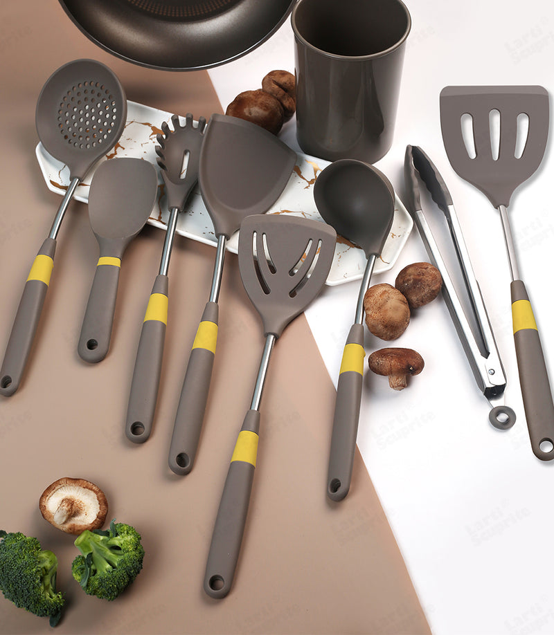 Anygleam Cooking Utensil 5 Set Khaki Heat Resistant Tools Spatula Kit with 1 Tong and 1 Rice Spatula Kitchen Accessories Kitchenware for Nonstick Cookware