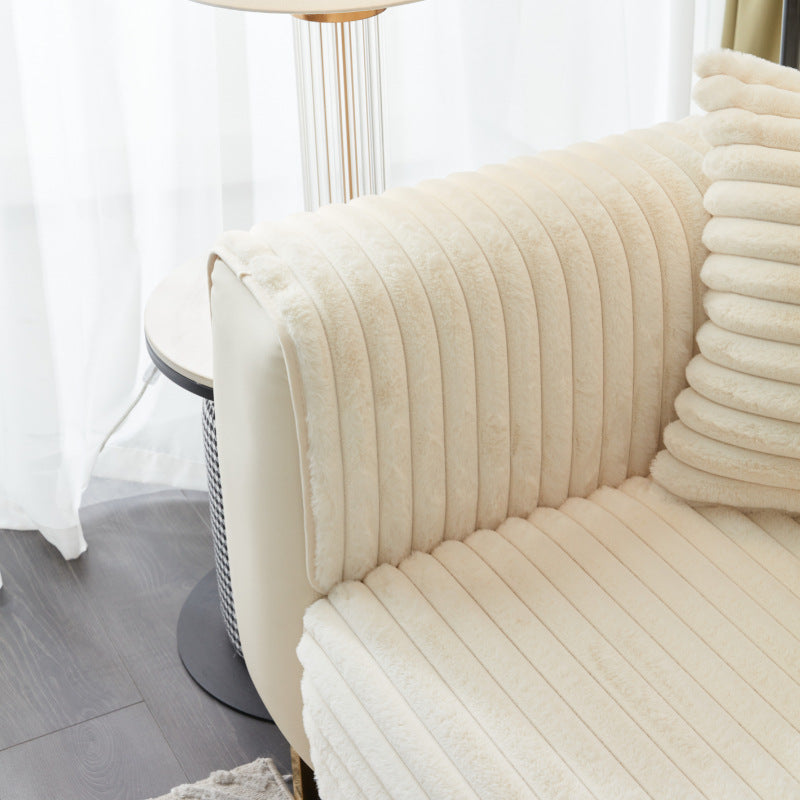 Anyseat Sofa Towel Super Soft Linear Beige Rabbit Plush Quilted Couch Cover L-shaped Sectional Anti-slip Sofa Cover