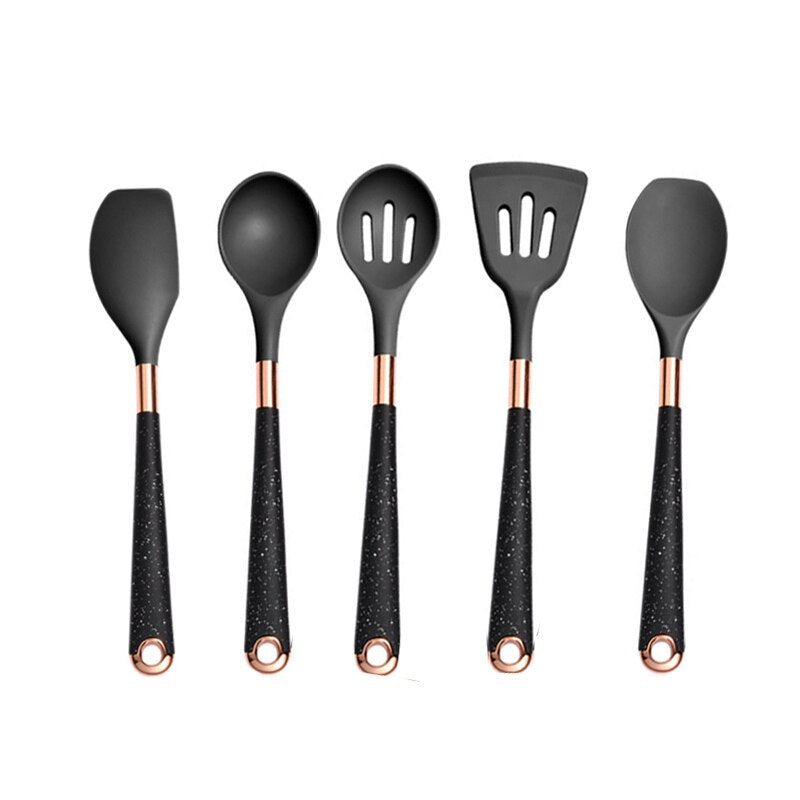 Anygleam Kitchen Utensils Non-stick Black 5 Set Gold Plated Handle with Support Point Cooking Tool Accessories Heat Resistant Kitchenware
