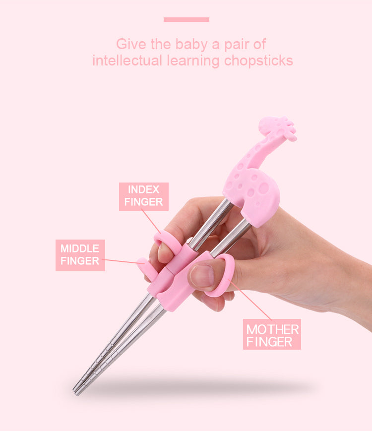 Anygleam Chop Stick Pink Giraffe 1 Pair Reusable Silver Stainless Steel Cartoon for Kids and Children Kitchen Accessories