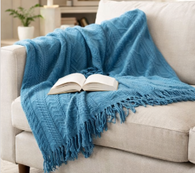 Anycozy Blue Faux Cashmere Throw Blanket – Diamond Knit Sofa Cover & Home Decor Accent