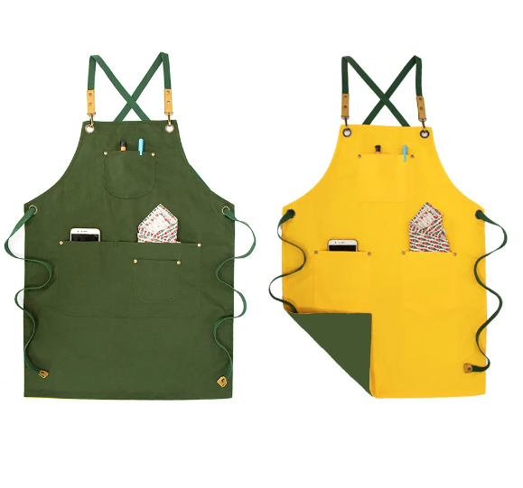 Anypron Unisex Green Yellow Chef Apron – Durable Cooking & Café Workwear for Men and Women