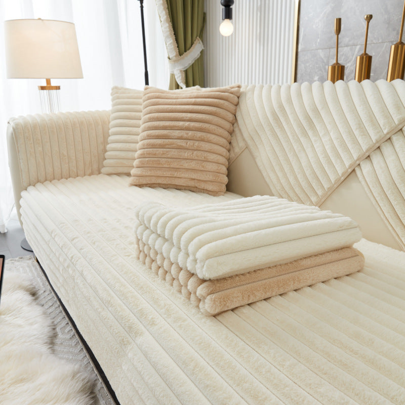 Anyseat Sofa Towel Super Soft Linear Beige Rabbit Plush Quilted Couch Cover L-shaped Sectional Anti-slip Sofa Cover