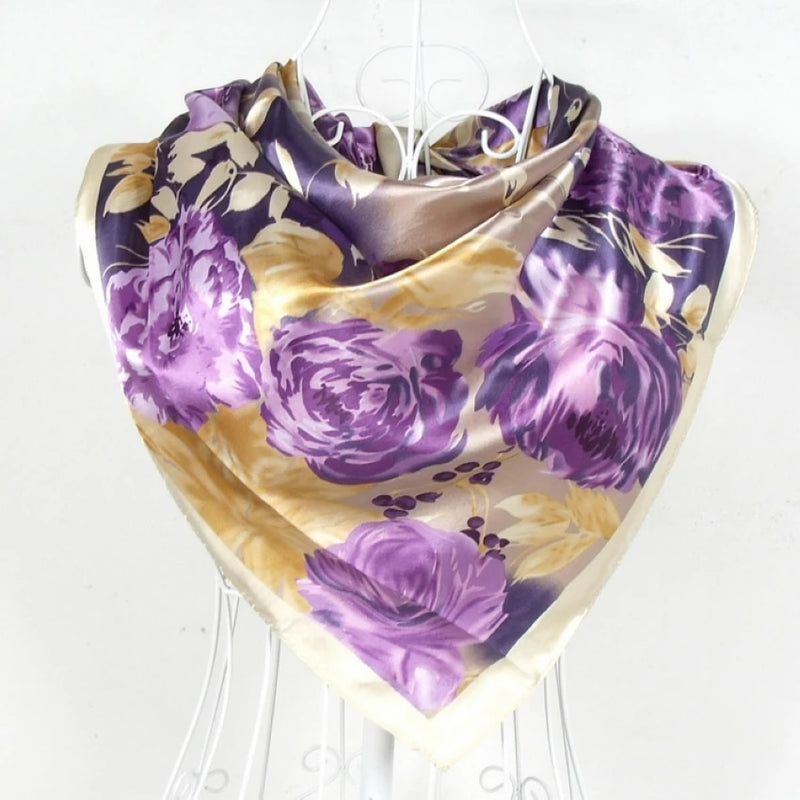 Anyyou Scarf for Women Floral Purple Printed Polyester Silk Big Square Silk 90*90cm Satin For Spring Summer Autumn Winter
