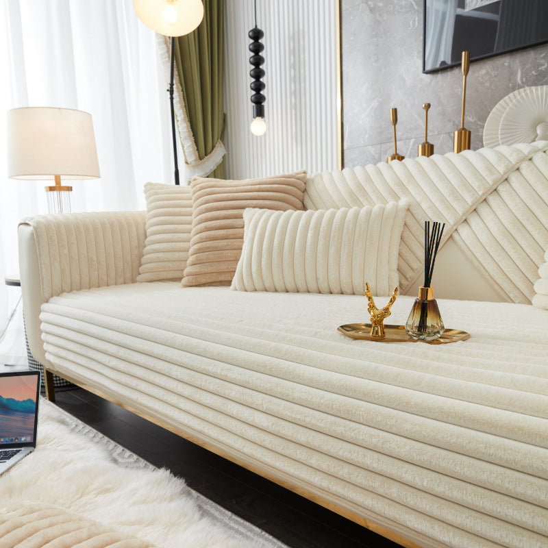 Anyseat Sofa Towel Super Soft Linear Beige Rabbit Plush Quilted Couch Cover L-shaped Sectional Anti-slip Sofa Cover