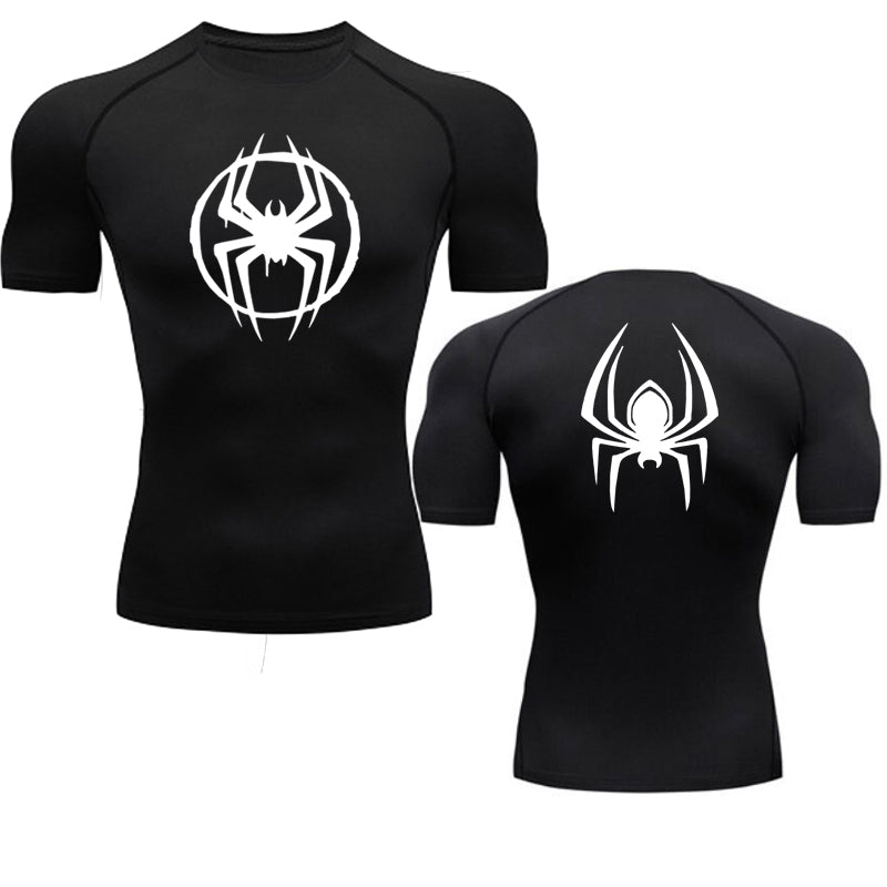 ANYMENS Fitness Tshirt Black With Front Back white Spider Print Gym Workout Compression Short Sleeve Quick Dry Athletic Tops Sportswear For men