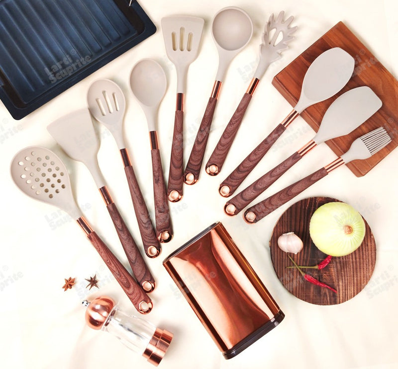 Anygleam Kitchen Utensils Non-stick Brown 12 Set Gold Plated Handle with Support Point and Storage Box Cooking Tool Accessories Heat Resistant Kitchenware