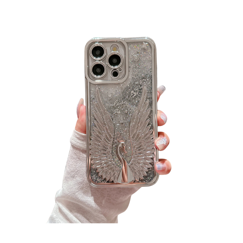 ANYMOB iPhone Case Silver Luxury Swan Fashion Bling Glitter Protective Shockproof
