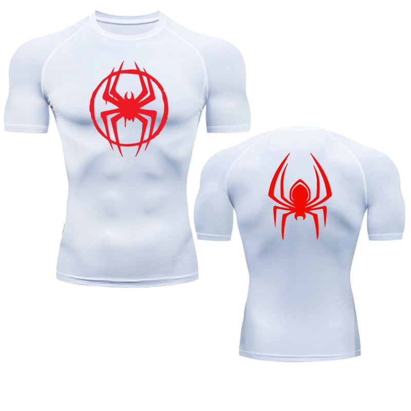 ANYMENS Fitness Tshirt White With Front Back Red Spider Print Gym Workout Compression Short Sleeve Quick Dry Athletic Tops Sportswear For men