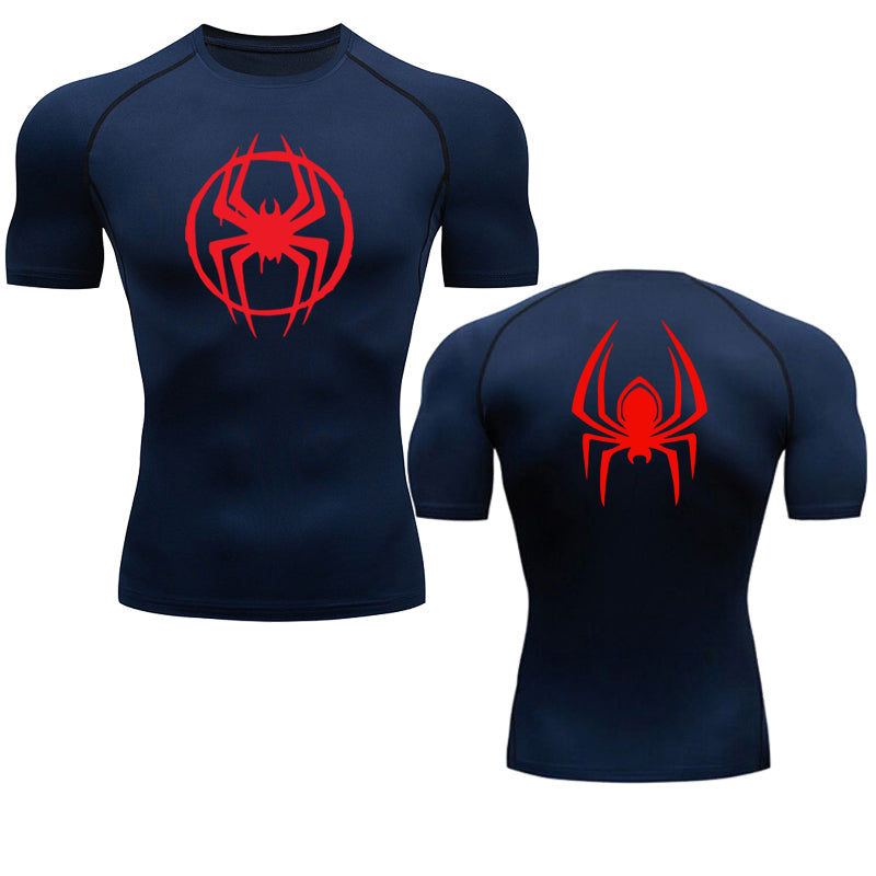 ANYMENS Fitness Tshirt Dark Blue With Front Back Red Spider Print Gym Workout Compression Short Sleeve Quick Dry Athletic Tops Sportswear For men