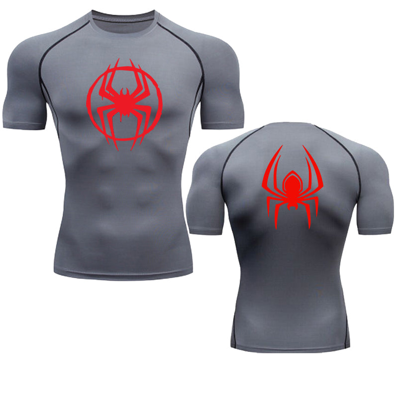 ANYMENS Fitness Tshirt Gray With Front Back Red Spider Print Gym Workout Compression Short Sleeve Quick Dry Athletic Tops Sportswear For men
