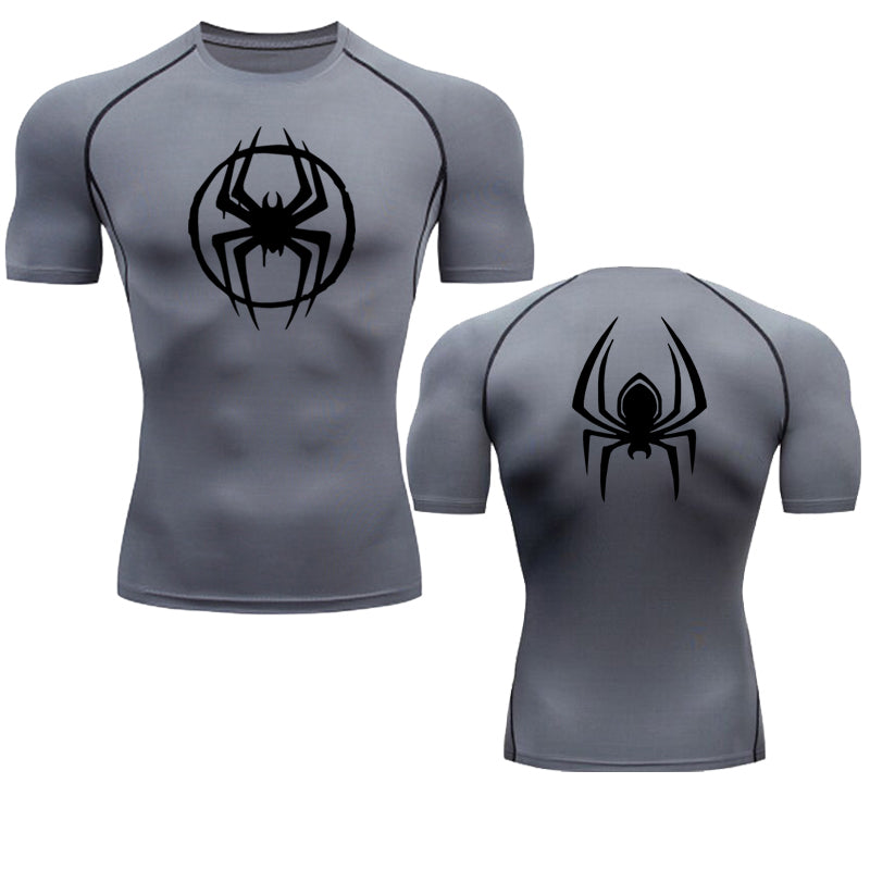 ANYMENS Fitness Tshirt Gray With Front Back Black Spider Print Gym Workout Compression Short Sleeve Quick Dry Athletic Tops Sportswear For men