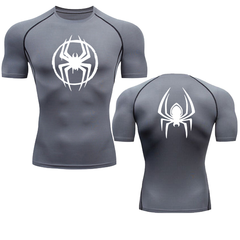 ANYMENS Fitness Tshirt Gray With Front Back White Spider Print Gym Workout Compression Short Sleeve Quick Dry Athletic Tops Sportswear For men