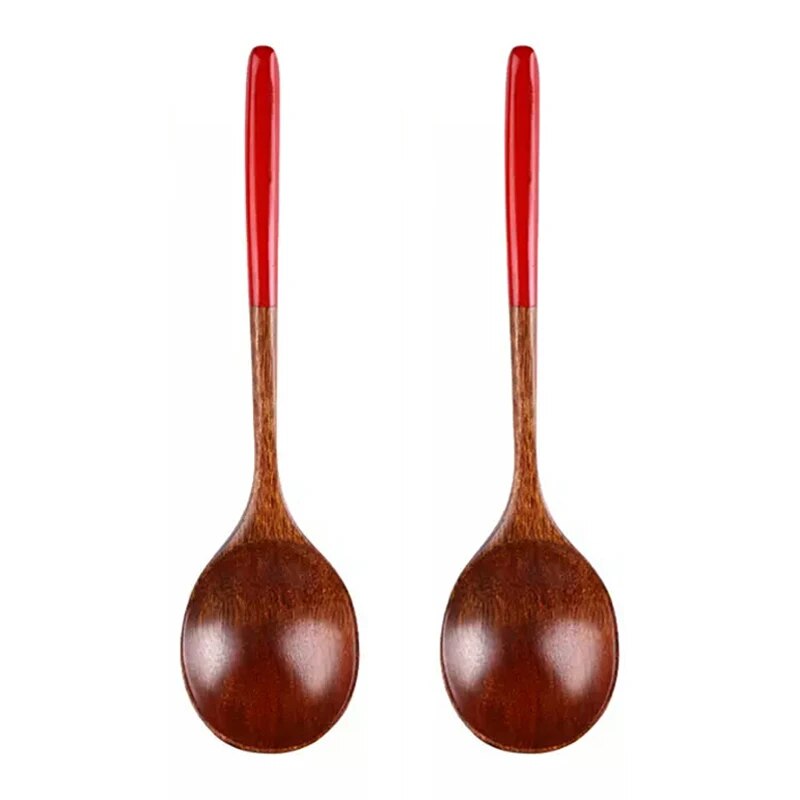 Anygleam Brown Red 2pcs Wooden Ramen Spoon Long Kitchen Tableware