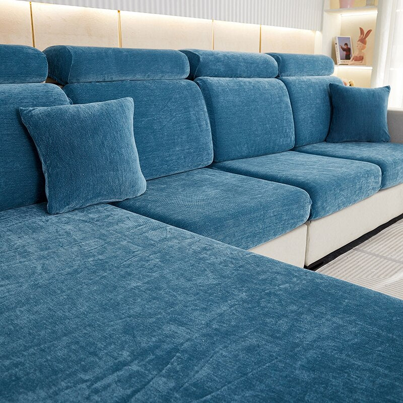 Anyseat L‑Shape Sofa Cover Dark Blue Chenille Polyester Thick Stretchable Cushion Protector for Living Room