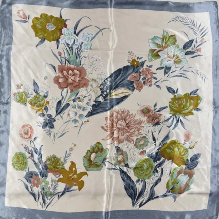 Anyyou Scarf for Women Floral Grey Beige Print Square Silk Shawl For Summer Spring And Fall