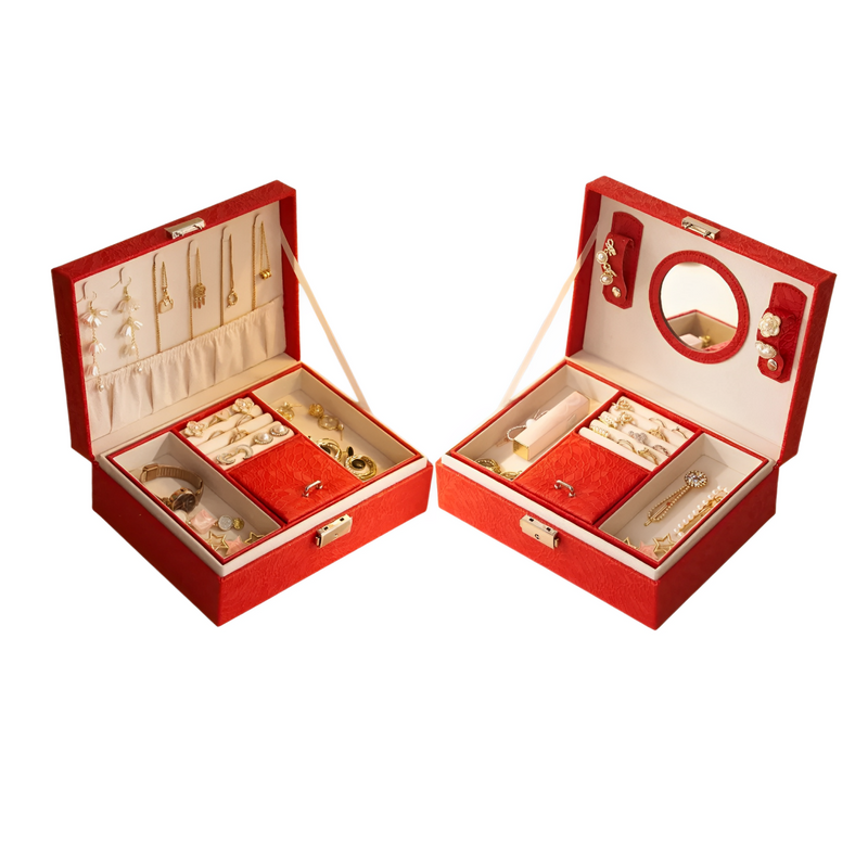 Anyvogue Jewelry Box Red Large Capacity With Lock Soft Lining Leather Organizer