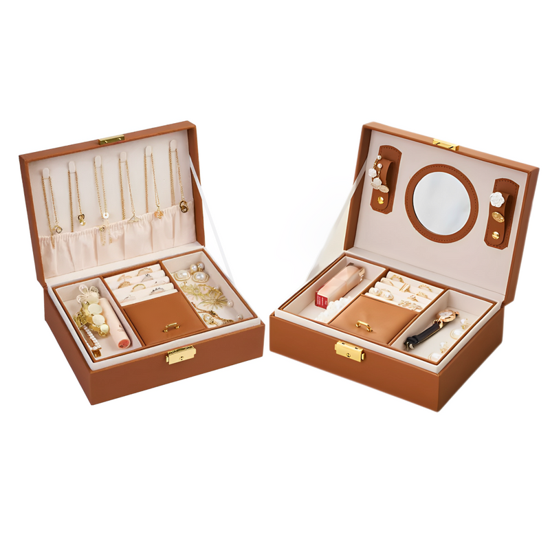 Anyvogue Jewelry Box Brown Large Capacity With Lock Soft Lining Leather Organizer