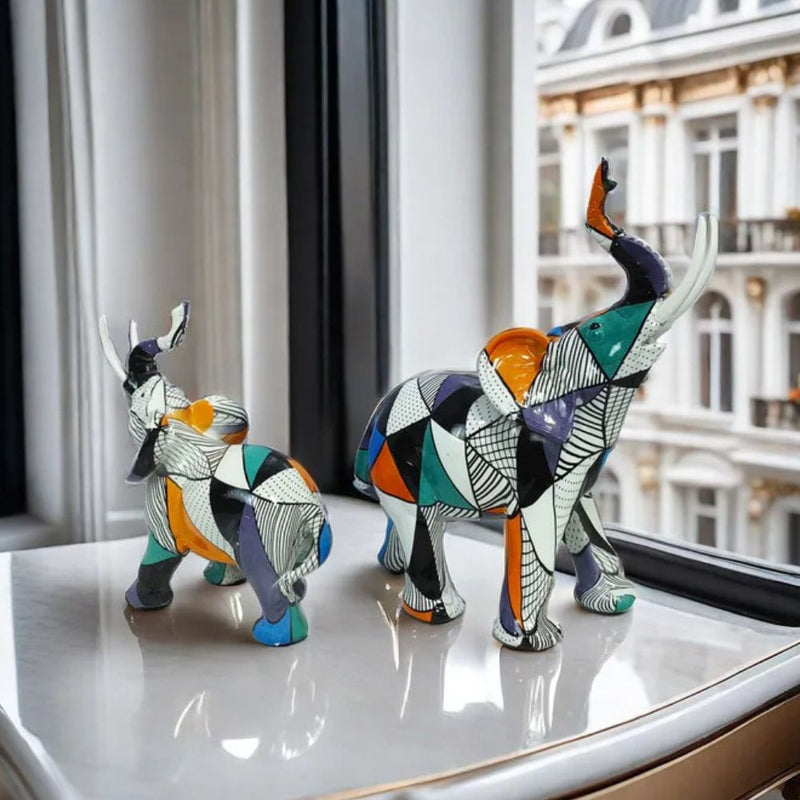 ANYDECO Figurine Medium Abstract with Geometric Graffiti Elephant Sculpture Nordic Resin Statue Decor