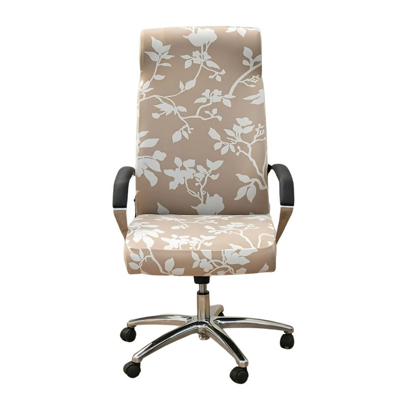 Anyseat Office Chair Cover Beige White Floral Print with Zipper Elastic Stretchable High Back Protector Slipcover