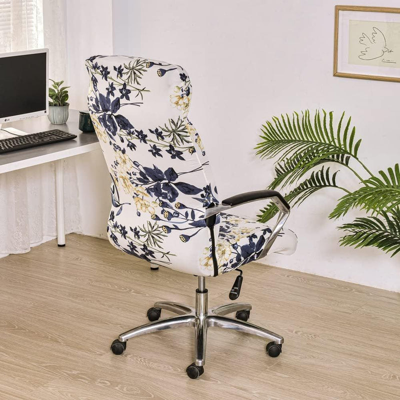 Anyseat Office Chair Cover White Floral Print with Zipper Elastic Stretchable High Back Protector Slipcover