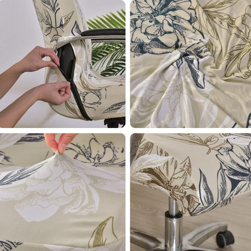 Anyseat Office Chair Cover Beige Floral Print with Zipper Elastic Stretchable High Back Protector Slipcover