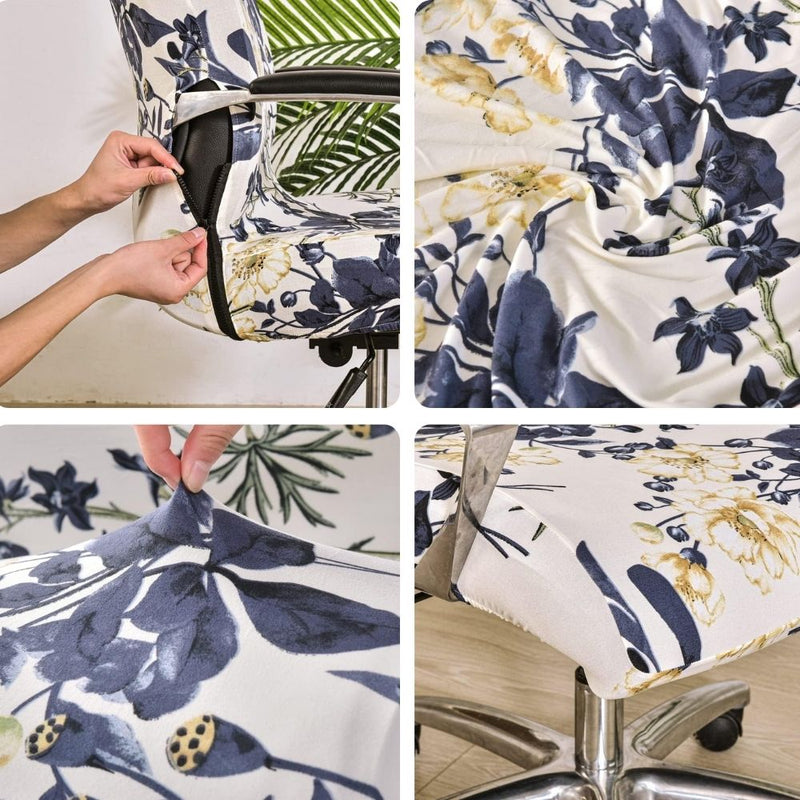 Anyseat Office Chair Cover White Floral Print with Zipper Elastic Stretchable High Back Protector Slipcover