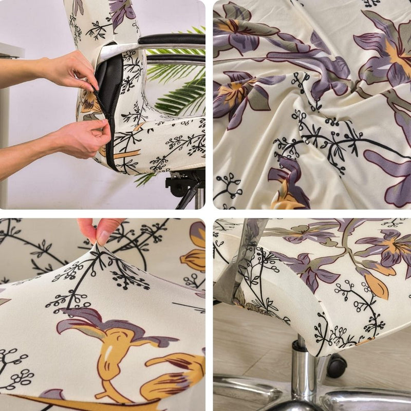 Anyseat Office Chair Cover Off White Floral With Zipper Elastic Stretchable High Back Protector Slipcover