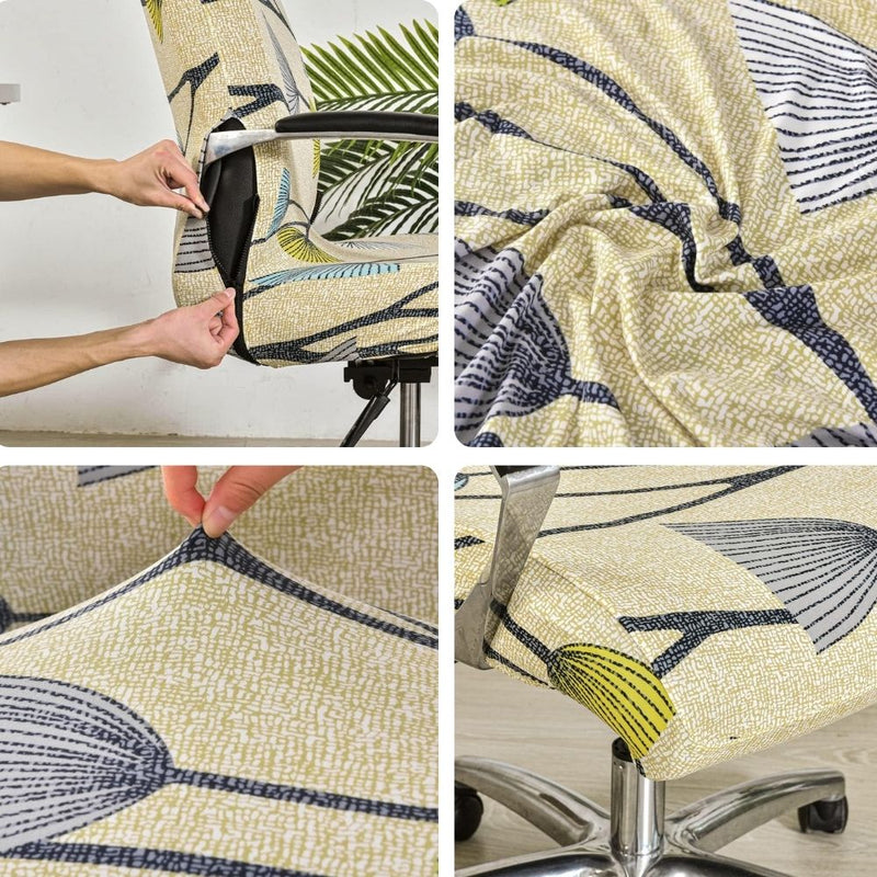 Anyseat Office Chair Cover Beige Geometric Floral Print with Zipper Elastic Stretchable High Back Protector Slipcover