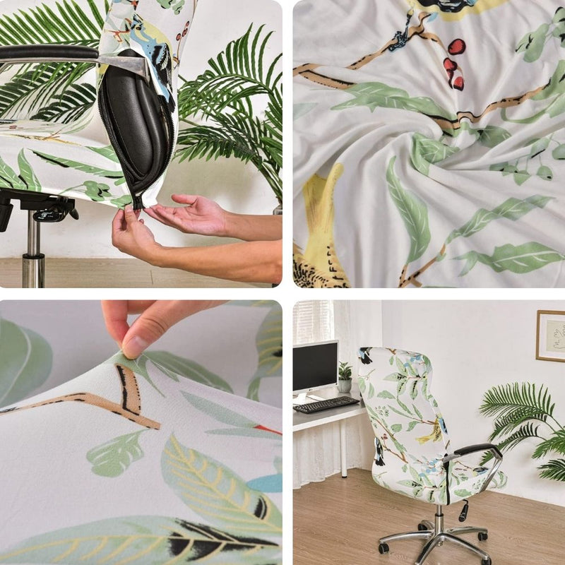 Anyseat Office Chair Cover White Leaves with Zipper Elastic Stretchable High Back Protector Slipcover