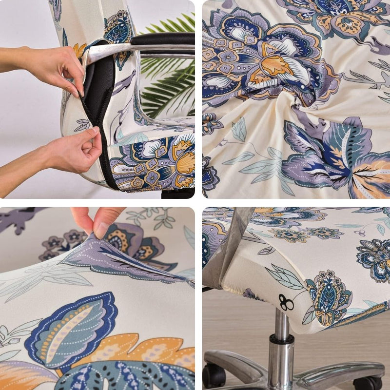 Anyseat Office Chair Cover Cream Floral with Zipper Elastic Stretchable High Back Protector Slipcover