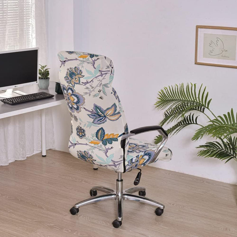 Anyseat Office Chair Cover Cream Floral with Zipper Elastic Stretchable High Back Protector Slipcover