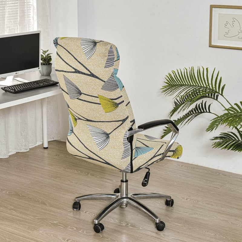 Anyseat Office Chair Cover Beige Geometric Floral Print with Zipper Elastic Stretchable High Back Protector Slipcover