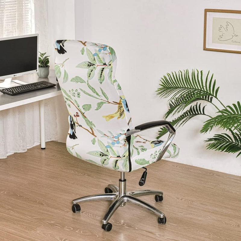 Anyseat Office Chair Cover White Leaves with Zipper Elastic Stretchable High Back Protector Slipcover