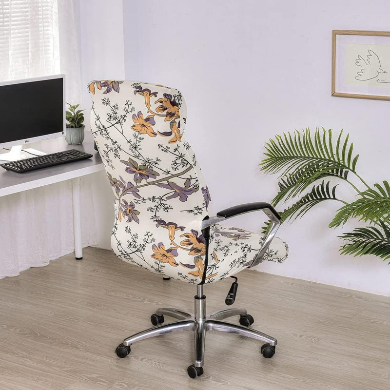 Anyseat Office Chair Cover Off White Floral With Zipper Elastic Stretchable High Back Protector Slipcover