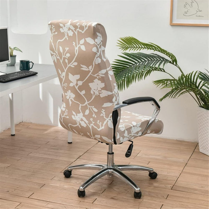 Anyseat Office Chair Cover Beige White Floral Print with Zipper Elastic Stretchable High Back Protector Slipcover