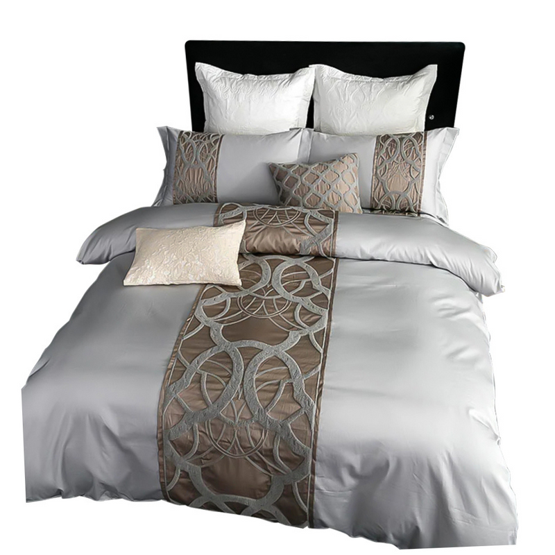 Anycozy Duvet Cover 7 Pcs Set Grey Brown Flat Bed Sheet Luxury Egyptian Cotton Embroidery California Bedding