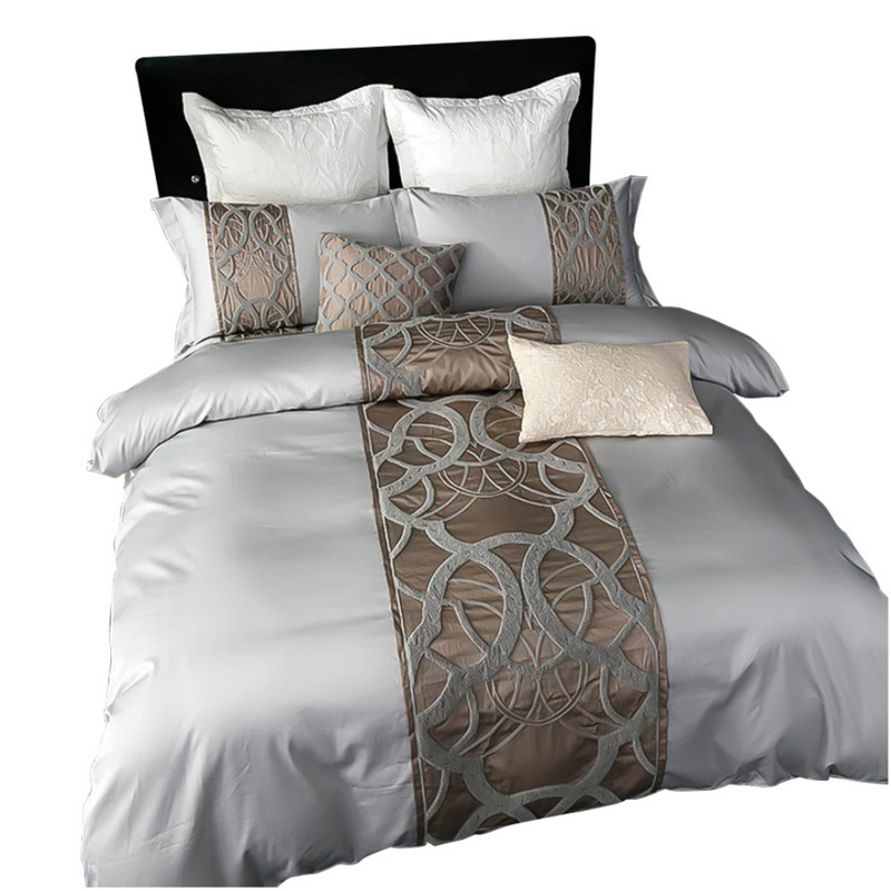 Anycozy Duvet Cover 4 Pcs Set Grey Brown Fitted Bed Sheet Cozy Egyptian Cotton Embroidery Modern Bedding