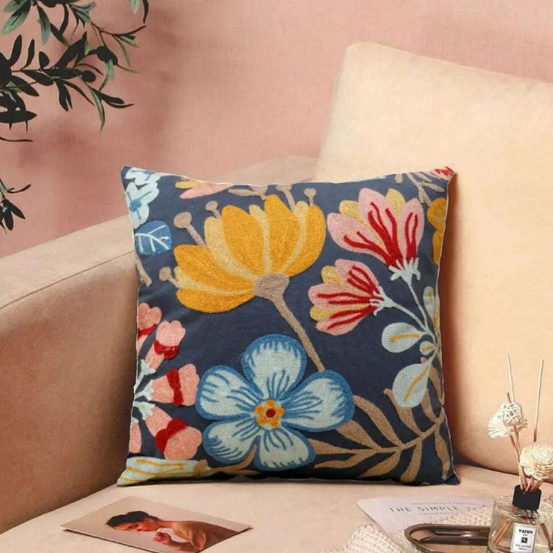 Anypillow Pillowcase Dark Blue Floral Embroidered Decorative Cushion Cover