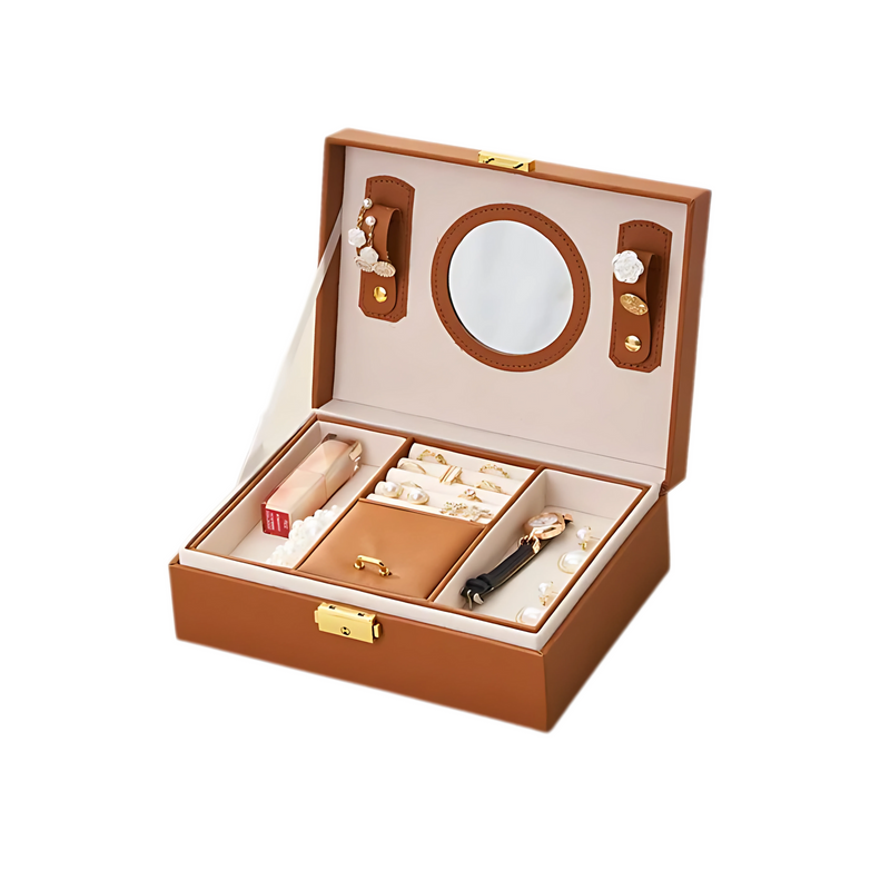 Anyvogue Jewelry Box Brown Large Capacity With Lock Soft Lining Leather Organizer