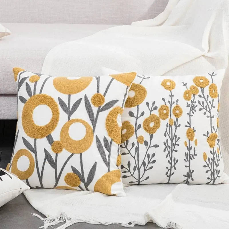 Anypillow Pillowcase White With Yellow Boho Floral Embroidered Decorative Cushion Cover