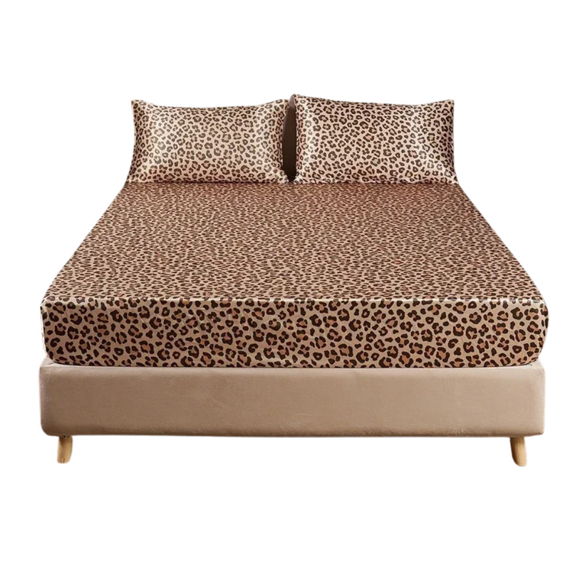 ANYHOUZ Bed Sheet Gold Leopard Print Satin Silk High End Fitted Flat Sheet