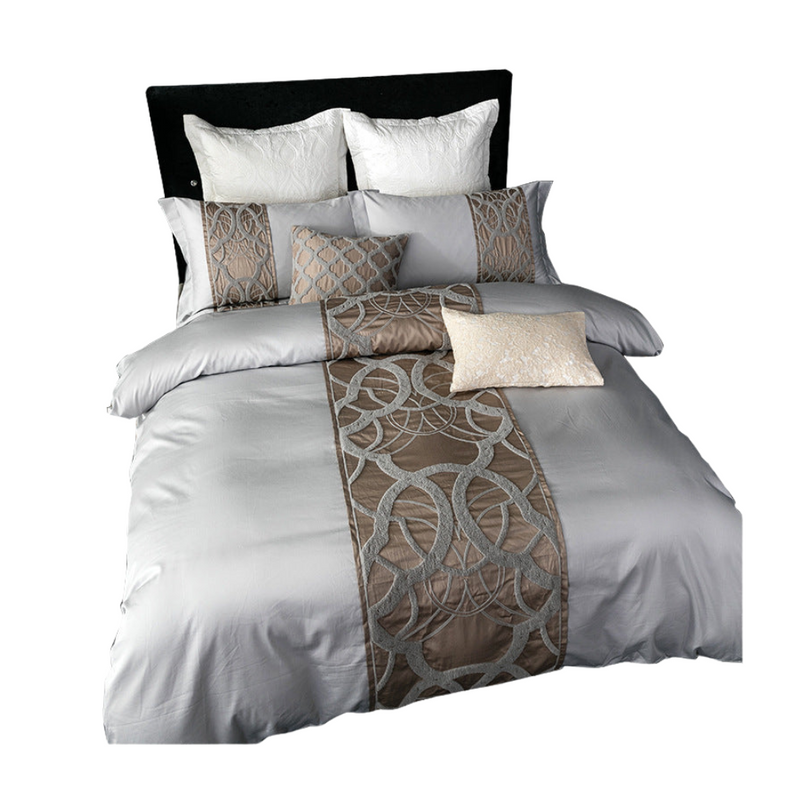 Anycozy Duvet Cover 4 Pcs Set Grey Brown US Size Fitted Bed Sheet Cozy Egyptian Cotton Embroidery Modern Bedding