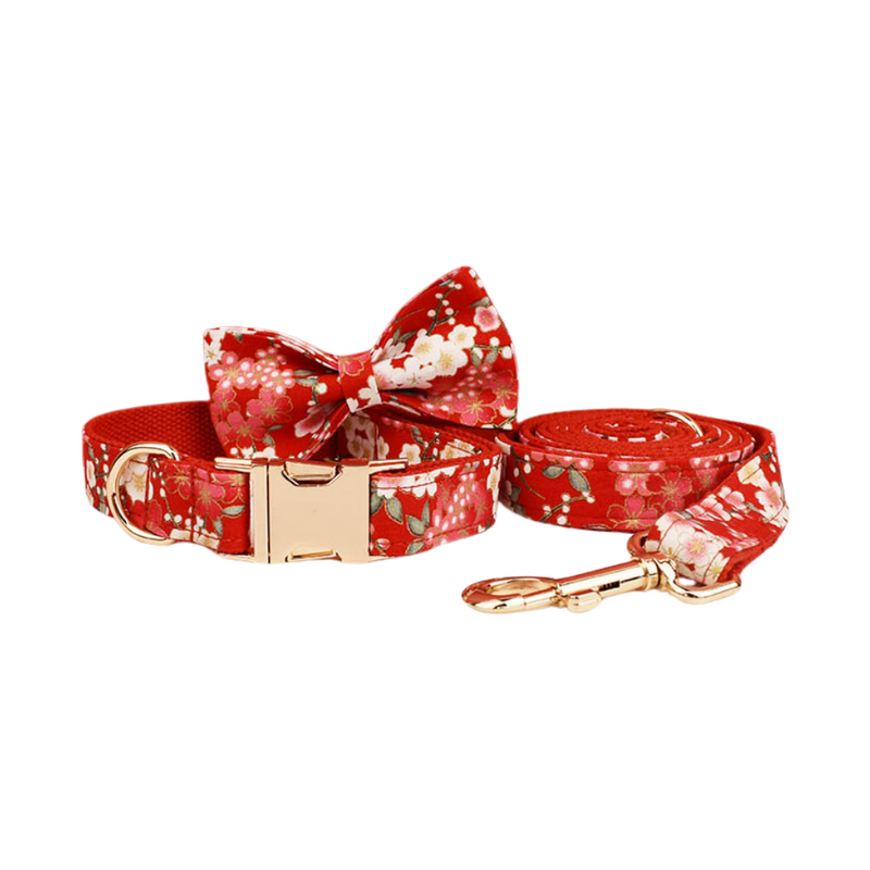 ANYWAGS Pet Bow Collar Leash Set Red Floral Stylish Accessory with Safety Buckle Durable Strap